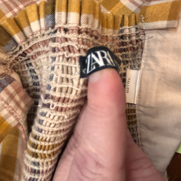 Zara Plaid Size Large Neutral Cropped Smocked Summer Vacation Retro Faux Buttons - Picture 7 of 7